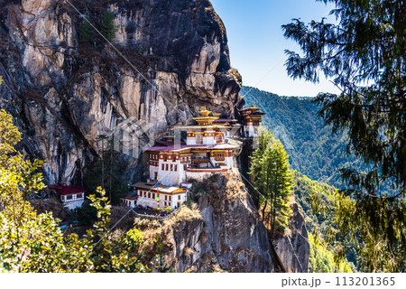 Taktshang Goemba, Tiger's Nest Monastery in Bhutan, View from afar. Taktshang Goemba, Tiger's Nest Monastery in Bhutan, View from afar. 113201365