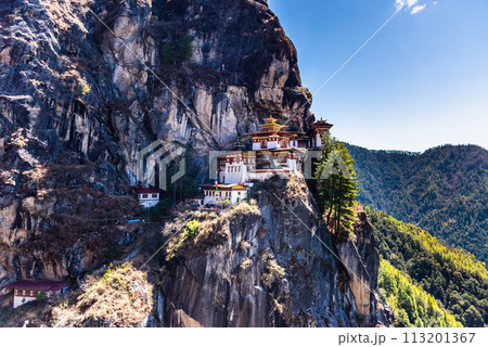 Taktshang Goemba, Tiger's Nest Monastery in Bhutan, View from afar. Taktshang Goemba, Tiger's Nest Monastery in Bhutan, View from afar. 113201367