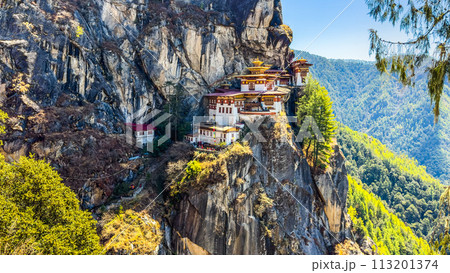 Taktshang Goemba, Tiger's Nest Monastery in Bhutan, View from afar. Taktshang Goemba, Tiger's Nest Monastery in Bhutan, View from afar. 113201374
