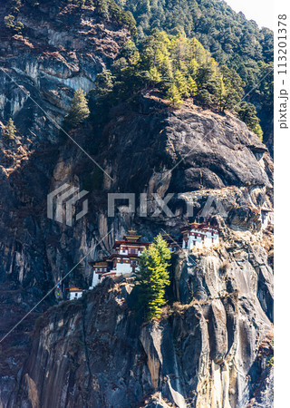 Taktshang Goemba, Tiger's Nest Monastery in Bhutan, View from afar. Taktshang Goemba, Tiger's Nest Monastery in Bhutan, View from afar. 113201378