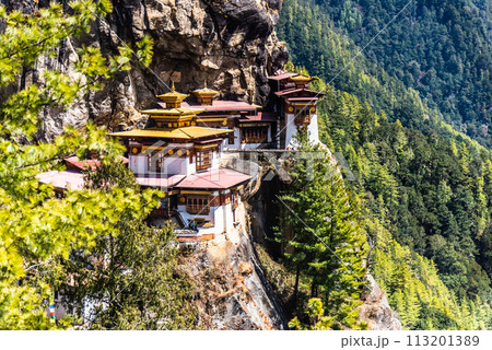 Taktshang Goemba, Tiger's Nest Monastery in Bhutan, View from afar. Taktshang Goemba, Tiger's Nest Monastery in Bhutan, View from afar. 113201389