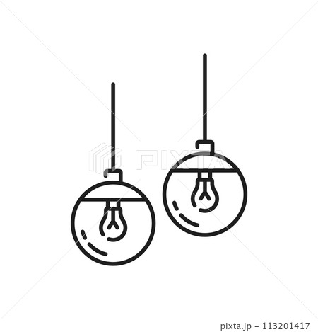 Pendant lamps line icon, ceiling lights with LED lightbulbs in glass balls, outline vector. Modern hanging lamp lights with bulbs in lampshades for home interior illumination and lighting fixture icon 113201417