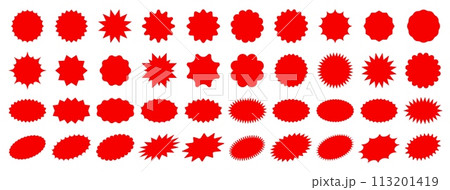 Starburst sale price stickers and labels, star and rosette, sunburst, callout and splash, stamp and tag badges. Isolated vector circle and oval red stickers, promo labels and tags with scalloped edges 113201419
