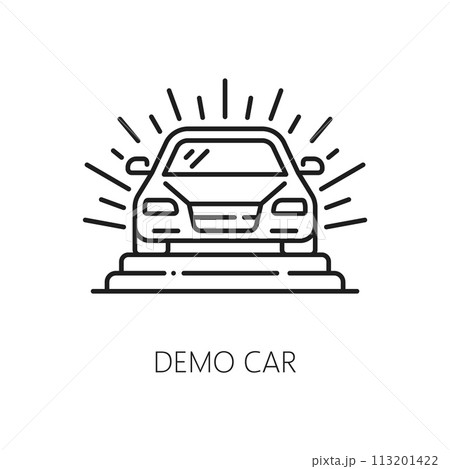 Car company, auto dealer, dealership line icon. Automobile salon, rental center or lease shop demo vehicle linear vector pictogram. Auto distributor outline sign or symbol with sedan car on pedestal Car company, auto dealer, dealership line icon. Automobile salon, rental center or lease shop demo vehicle linear vector pictogram. Auto distributor outline sign or symbol with sedan car on pedestal 113201422