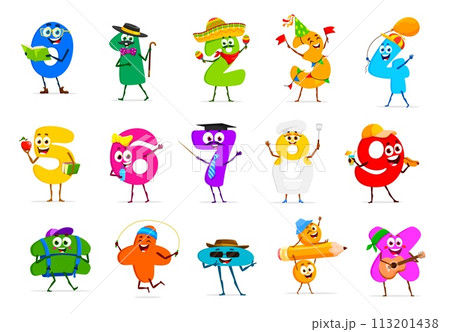 Cartoon funny math number characters. Cute digits and mathematics signs personages with happy faces and smiles. Color numbers, addition, subtraction and multiplication, equals and division symbols 113201438