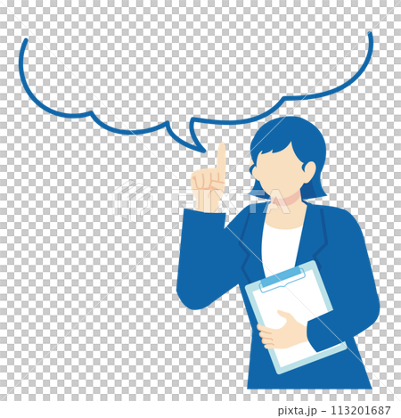 A woman in a dark blue suit holding a binder and a speech bubble frame 113201687
