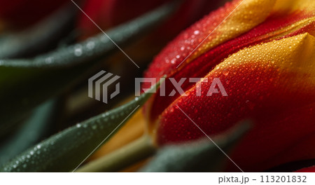 Background of a colored bouquet of tulips in water drops close-up 113201832