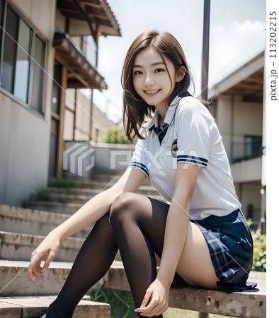 校舎の裏で一人の時間を過ごす、ニーハイストッキングを履いた女子高生 113202215
