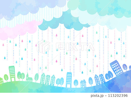 梅雨、背景、シルエット、水彩、街並み、かわいい、イラスト、横型、虹色 梅雨、背景、シルエット、水彩、街並み、かわいい、イラスト、横型、虹色 113202396