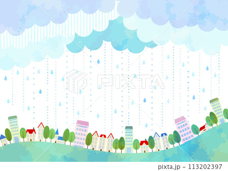 梅雨、背景、、水彩、街並み、かわいい、イラスト、横型 113202397