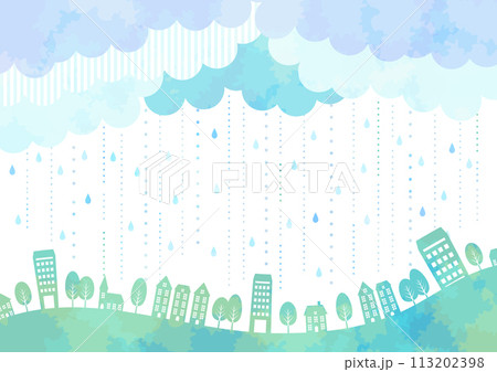 梅雨、背景、シルエット、水彩、街並み、かわいい、イラスト、横型、青、寒色 梅雨、背景、シルエット、水彩、街並み、かわいい、イラスト、横型、青、寒色 113202398