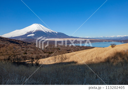三国峠から眺める冬の富士山 山梨県山中湖村パノラマ台の上にて 三国峠から眺める冬の富士山 山梨県山中湖村パノラマ台の上にて 113202405