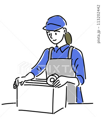 梱包をする女性の引越し業者シンプル線画 113202442