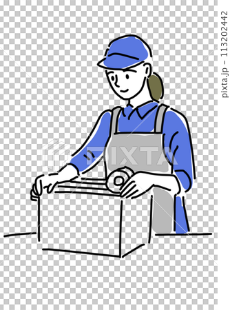 梱包をする女性の引越し業者シンプル線画 113202442