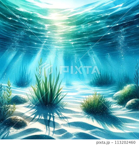 海中の光のショー：水中植物と光の屈折のイラストのイラスト素材 [113202460] - PIXTA