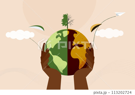 Human hands holding Earth globe, compared between green sustainability ecology and high pollution earth with death tree. Vector Illutration. 113202724