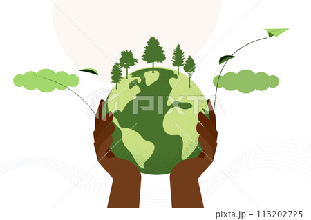 Human hands holding Earth globe. Earth Day, World Environment Day concept. Sustainable ecology and environment conservation concept design. Vector illustration. 113202725
