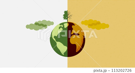 Earth globe, compared between green sustainability ecology and high pollution earth with death tree. Vector Illutration. 113202726