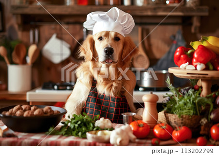 A Golden Retriever wearing a chef costume in the kitchen, eagerly ready to cook. Funny moment, ingredient for cooking, pet concept. Generative AI. 113202799