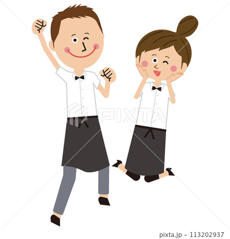 ポップな飲食店のウェーターとウェートレスがジャンプ ポップな飲食店のウェーターとウェートレスがジャンプ 113202937