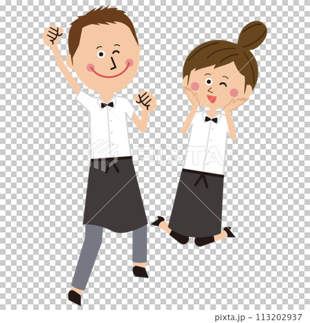 ポップな飲食店のウェーターとウェートレスがジャンプ ポップな飲食店のウェーターとウェートレスがジャンプ 113202937