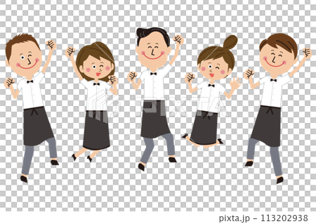 Waiters and waitresses jumping at a pop restaurant 113202938