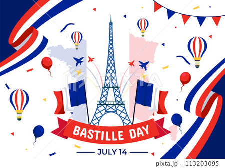 Happy Bastille Day Vector Illustration on 14 july with French Flag, Ribbon and Eiffel Tower in National Holiday Flat Cartoon Background 113203095