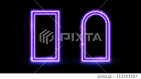Glow neon rectangle and arch frames. Purple shining borders. Neon light portal doors concept. Gold rectangular and curved arc border with flares. Design element for poster, banner, game. Vector 113203167