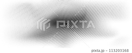 Radial halftone grunge texture. Abstract dotted circle line background. Black pop art comic dot fading gradient backdrop. Retro cartoon for poster, overlay, cover, print. Vector noise grain wallpaper 113203168