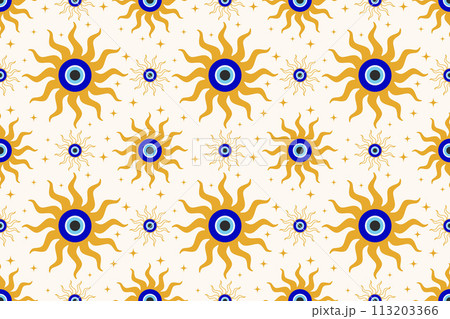 Evil eye seamless pattern. Turkish and Greek blue bead symbol. Magic nazar and ethnic circle amulet for luck. Vector spiritual ornament 113203366