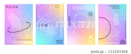 Color y2k aesthetic gradient brutal posters. Abstract hologram modern backgrounds with brutalism elements. Vector vertical cover templates with geometric figures, shapes and iridescent pastel colors 113203368