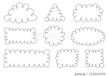 Scallop edge frames. Outline geometric shapes with lace border. Cute hand drawn doodle boxes with frill. Vector decorative tags set 113203370