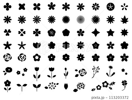 モノクロの花と植物のアイコンイラストセット	 113203372