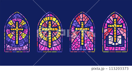 Church glass windows. Stained mosaic catholic and christian frames with cross. Vector gothic medieval arches on dark background 113203373