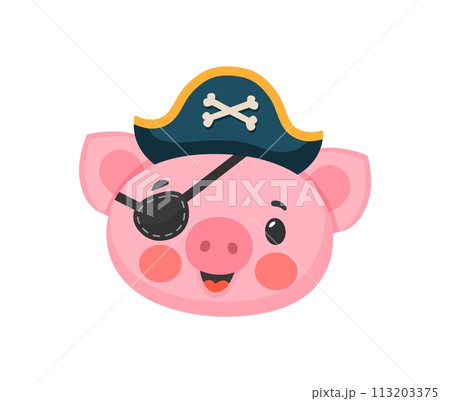 Cartoon pig animal pirate or corsair captain and skipper, vector funny character. Caribbean pirate pig or piglet animal boatswain happy face in corsair tricorne hat with crossbones and eyepatch 113203375