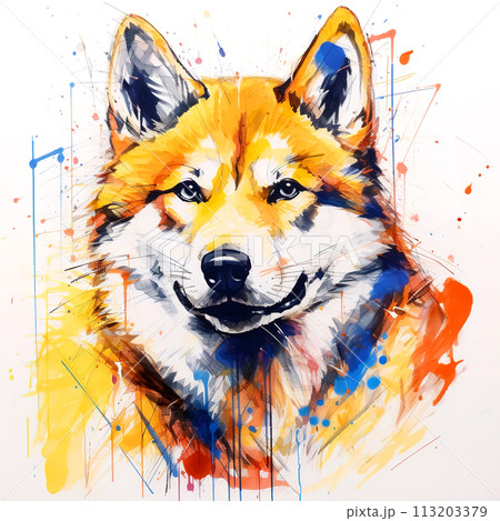 Beautiful painting of a shiba inu dog head on clean background. Mammals. Pet. Animals. Illustration, Generative AI. 113203379