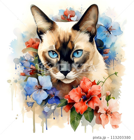 A siamese or wichienmaat cat head and beautiful tropical flowers on white background. Mammals. Pet. Animals. Illustration, Generative AI. 113203380