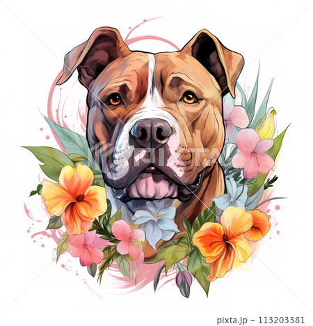 American bully dog head and beautiful tropical flowers on white background. Mammals. Pet. Animals. Illustration, Generative AI. 113203381