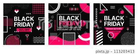Black Friday sale banners, Memphis abstract geometric pattern. Vector promotional cards in black and pink colors announcing discount and price off hot deals, store and shop retail promo ad templates 113203413