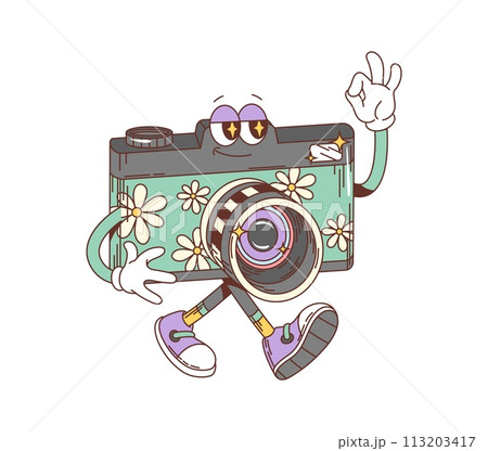 Cartoon groovy photo camera character. Isolated vector funky, hippie style photocamera personage adorned with vibrant daisy flowers and confident smile, showing ok gesture, exuding retro playful charm 113203417