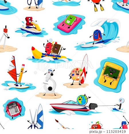 Cartoon school supply characters on summer beach. Fabric seamless pattern, education vector print with surfing, diving and swimming pencil, palette and scissors school supply cheerful characters Cartoon school supply characters on summer beach. Fabric seamless pattern, education vector print with surfing, diving and swimming pencil, palette and scissors school supply cheerful characters 113203419