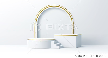 Product display podium stage with golden arch and stair. Realistic 3d vector round and rectangular platforms or pedestals with gold arc. Studio background mockup for cosmetics products presentation 113203430