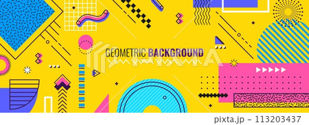 Abstract Memphis background, modern geometric banner. Vector template with retro minimal geometry shapes, patterns, forms, lines in vibrant colors for exhibit art, magazine, journal, album designs Abstract Memphis background, modern geometric banner. Vector template with retro minimal geometry shapes, patterns, forms, lines in vibrant colors for exhibit art, magazine, journal, album designs 113203437