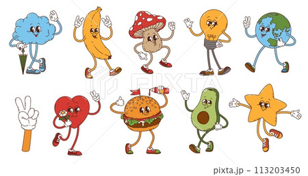Cartoon retro groovy characters set. Vector cloud, banana, amanita mushroom and light bulb. Earth planet, hand with peace gesture, heart and burger with avocado and star. Psychedelic funky personages Cartoon retro groovy characters set. Vector cloud, banana, amanita mushroom and light bulb. Earth planet, hand with peace gesture, heart and burger with avocado and star. Psychedelic funky personages 113203450