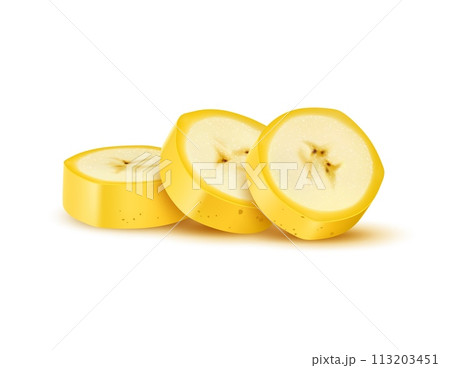 Realistic sliced banana fruit in unpeeled cut pieces, vector tropical farm food. Realistic unpeeled banana cut on slice pieces in closeup macro 3d for sweet dessert or organic juice package Realistic sliced banana fruit in unpeeled cut pieces, vector tropical farm food. Realistic unpeeled banana cut on slice pieces in closeup macro 3d for sweet dessert or organic juice package 113203451