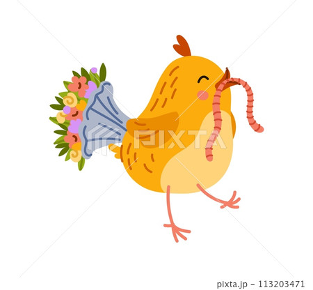 Adorable cartoon chick character joyfully carries a plump worm and flower bouquet, fluttering with excitement. Isolated vector charming little rooster bird prepare holiday gift in a gesture of love Adorable cartoon chick character joyfully carries a plump worm and flower bouquet, fluttering with excitement. Isolated vector charming little rooster bird prepare holiday gift in a gesture of love 113203471
