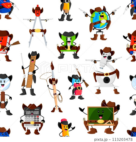 Cartoon school supply cowboy and robber characters seamless pattern. Vector tile background with compass, ruler, sharpener and pencil. Blackboard, paint brush, calculator and textbook or globe 113203478