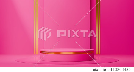 3d product pink podium stage. Realistic vector round fuchsia colored cylindrical pedestal mockup with golden decor. Elegant background for promoting women beauty products and cosmetics presentation 113203480