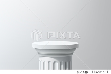 Greek Roman white column podium. Realistic 3d vector pillar with round base for cosmetics presentation, products promo and exhibition of classical art objects in museum. Pedestal, platform or display 113203481