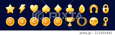 Golden icons game asset. Vector set of gold star, lightning bolt, heart, diamond, club and spade card suits. Lucky horseshoe, padlock and currency coins of dollar, yen, euro, pound and bitcoin or cup 113203482